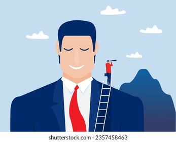 gigantic concept Business persons stand use binoculars on the shoulders of giants Business goals success; Concept of vision Vector illustration