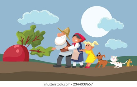 
The Gigantic Enormous Turnip Vector Cartoon Fairytale Illustration. Family working together doing to harvest big organic vegetable in folklore story  
