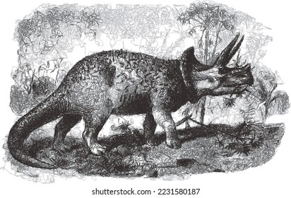 Gigantic horned dinosaur, triceratops prorsus. Doodle sketch. Vintage vector illustration.