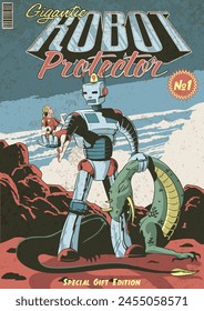 The Gigantic Robot Protector Retro Fantastic Comics Style Illustration. Robot-Giant, Woman, Extraterrestrial Monster. Retro Colors, Aged Texture Pattern