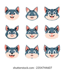 Gigantic set of intelligent faces of cats. Cartoon style, Vector Illustration