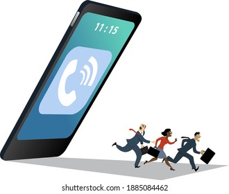 Gigantic smartphone with a call symbol falling down on a group of running business people, EPS 8 vector illustration