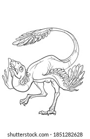 Gigantoraptor mating dance. Black linear hand drawing isolated on a white background. Coloring Book page. EPS10 Vector illustration