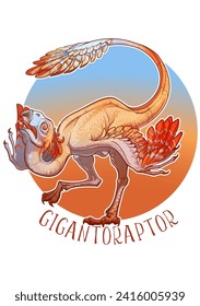 Gigantoraptor mating dance. Linear drawing colored isolated on a white background. Big non-avian dinosaur complex behaviour. Sticker. Not AI. EPS10 Vector illustration