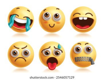 Giggle emoji vector characters set. Emojis 3d icon clip art character in happy, thinking, funny, disappointed, drained and quiet facial expression yellow round collection. Vector illustration giggle 