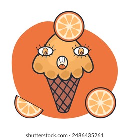 Cara de risita de helado naranja con ojos de garabato en estilo de los años 90. Impresión perfecta para la camiseta, etiqueta engomada, póster. Ilustración vectorial dibujada a mano para decoración y diseño.