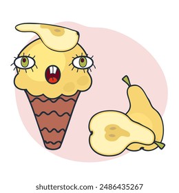 Cara de risita de pera helado de cono carácter. Impresión perfecta para la camiseta, etiqueta engomada, póster. Ilustración vectorial dibujada a mano para decoración y diseño.