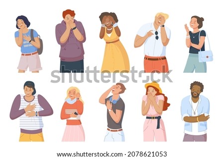 Giggle people. Laughing stand man and woman, adult laughing, cartoon funny character, loud joke, person lol, set swanky vector illustration. Woman and man giggling, adult laughing Сток-фото © 