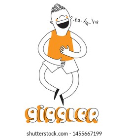 Giggler boy, vector contour sketch isolated on white background with a lettering title.