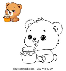 A giggling baby bear with rosy cheeks, holding a honey jar. Coloring book for children (cartoon baby bear).