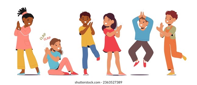 Giggling Children Boys and Girls Characters Gleefully Clapping Hands In Rhythm, Their Laughter Harmonizing With The Joyful Percussion Of Their Tiny Palms. Cartoon People Vector Illustration