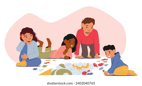 Giggling Children Engrossed In Colorful Board Game, Friends Assembling Puzzle Pieces, Sprawled Across The Floor. Joyful Competition And Shared Laughter Fill Room, Creating Cherished Childhood Memories