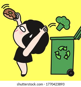 Giggling Girl Grabbing A Donut And Throwing Away Broccoli Into Recycle Bin Concept Card Character illustration