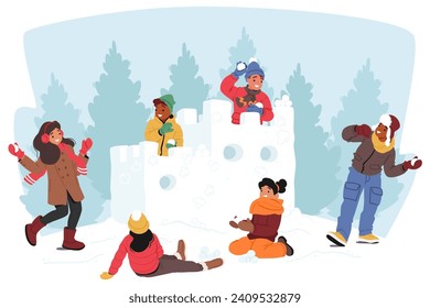 Giggling Kids Engage In Epic Snowball Fights At Snowy Fortress, Crafting Icy Barricades. Laughter Echoes As Snowflakes Dance, Creating A Winter Battlefield Of Joy And Camaraderie. Vector Illustration