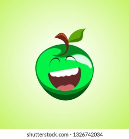 Giggling to tears green apple Cartoon Character. Cute laughing apple icon isolated on green background. Vector illustration EPS 10.