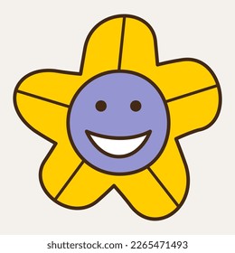 Giggly avatar, botanical concept. Cartoon person, five-petalled flower positive. Vector sticker, mascot design, funny avatar. Isolated on white
