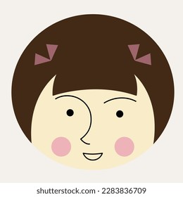 Giggly avatar, female guise. Mascot logo, abstract woman appearance with simple haircut. Social media, funny creature, emoji face. Isolated on white
