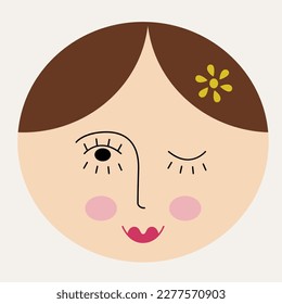 Giggly avatar, girl countenance. Cartoon person, cutely girlish face with hairpin. Vector sticker, mascot design, funny avatar. Isolated on white
