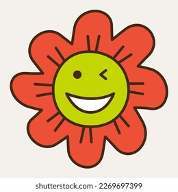 Giggly avatar, spring clipart. Simple style, eight-petalled flower joyous. People face, for kids, drawing character. Isolated on white
