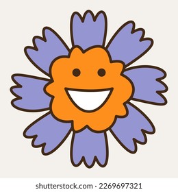 Giggly character, comic floret figure. Cartoon face, eight petals flower smiles. Social network message, funny mascot, flat design. Isolated on white
