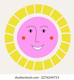 Giggly character, comic sun figure. Cartoon face, abstract spring sun smiles. Social network message, funny mascot, flat design. Isolated on white

