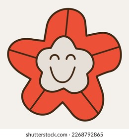 Giggly character, floral illustration. Face emotion, five-petalled flower joyful. Cute mascot, comic style, cartoon person. Isolated on white
