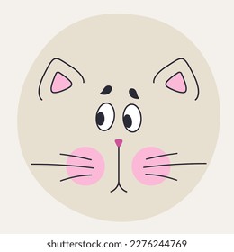 Giggly character, funny cat clipart. Head shape, grey cat with black eyes. Simple style, funny figure, facial expression. Isolated on white
