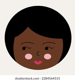 Giggly character, girl guise. Funny face, comely girlish face with smile. Head figure, vector sticker, flat design. Isolated on white
