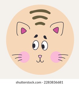 Giggly character, kitten portrait. Social media, pink cat with black eyes. Mascot logo, flat icon, cute sticker. Isolated on white
