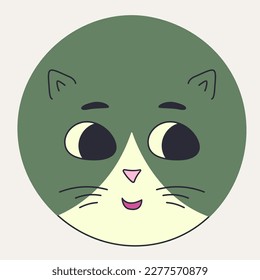 Giggly character, rounded kitten face. Colorful avatar, fuzzy cat with black eyes. Cartoon creature, social network, funny illustration. Isolated on white
