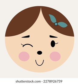Giggly character, woman visage. Face emotion, cutely girlish face with hair decor. Cute mascot, comic style, cartoon person. Isolated on white
