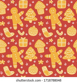 Gignerbread flat hand drawn seamless pattern. Ideal for wallpaper, textile, backdrop, wrapping paper. Pattern design. Holiday new year christmas style scandinvian background.