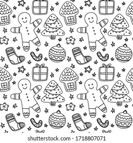 Gignerbread flat hand drawn seamless pattern. Ideal for wallpaper, textile, backdrop, wrapping paper. Pattern design. Holiday new year christmas style scandinvian background.