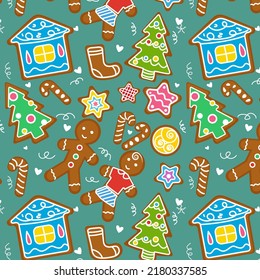 Gignerbread flat hand drawn seamless pattern. Ideal for wallpaper, textile, backdrop, wrapping paper. Pattern design. Holiday new year christmas style scandinvian background.