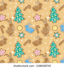 Gignerbread flat hand drawn seamless pattern. Ideal for wallpaper, textile, backdrop, wrapping paper. Pattern design. Holiday new year christmas style scandinvian background.