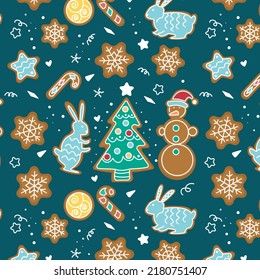 Gignerbread flat hand drawn seamless pattern. Ideal for wallpaper, textile, backdrop, wrapping paper. Pattern design. Holiday new year christmas style scandinvian background.