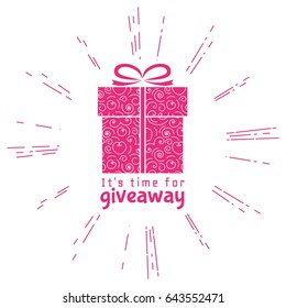 Gigt box with curled pattern, ribbon, sunburst and Giveaway calligraphy lettering. Vector banner, label for social media contest, advertising, promo events. In pink color. Isolated on white background