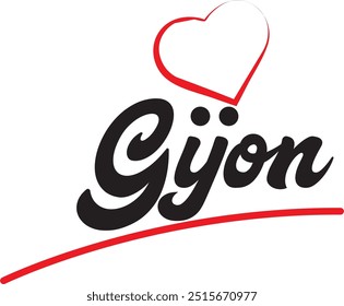 Gijon city text design with red heart typographic icon design suitable for touristic promotion