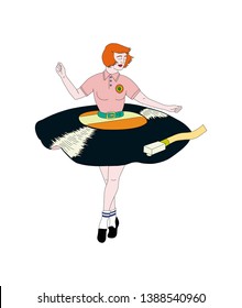 Gil dancing vector, vynil dress, red hair woman, party with music, dancer dancing.