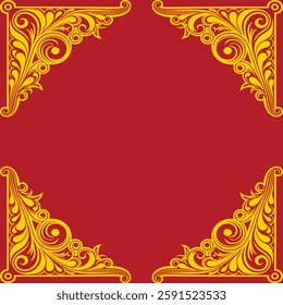 Gilded floral elements and patterns on red stencil in retro style. seamless, vector illustration. Can be used as a background for cards, printed materials, textiles, carpet, cloth, wallpaper, wrapping