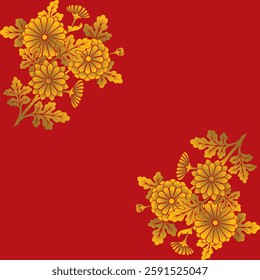 Gilded floral elements and patterns on red stencil in retro style. seamless, vector illustration. Can be used as a background for cards, printed materials, textiles, carpet, cloth, wallpaper, wrapping