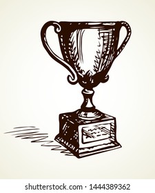 Gilded metal old rank won player status vase isolated on white space for text. Freehand outline black ink hand drawn object logo emblem pictogram in art retro doodle style pen on paper. Closeup view