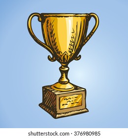 Gilded old ui rank won player status vase isolated on yellow backdrop. Freehand outline ink hand drawn scribble icon sketch in art retro scribble style pen on paper. Closeup view with space for text