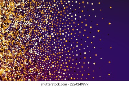 Gilded Shine Vector Purple Background. Gold Galaxy Space Template. Universe Luxury Pattern.  Sparkling Effect Confetti Illustration.