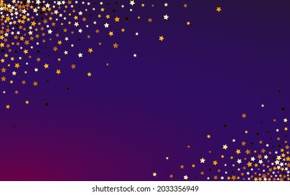 Gilded Sky Vector Purple Background. Sparkling Christmas Sparkle Border. Space Galaxy Design.  Yellow Bright Confetti Wallpaper.