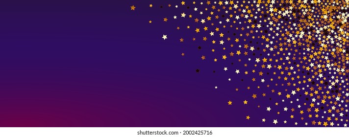 Gilded Star Vector Panoramic Purple Background. Shiny Christmas Confetti Template. Glow Holiday Border.  Golden Falling Rain Illustration.