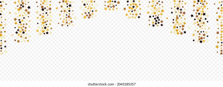 Fondo Panorámico Transparente Panorámico Estrella Dorada. Papel de escritorio del Universo brillante de oro. Borde de luz de confetti.  Pancarta de lluvia brillante amarilla.