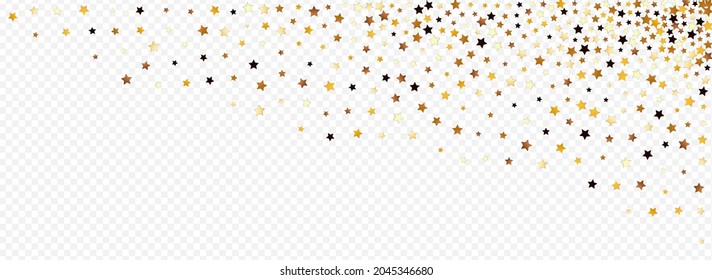 Gilded Star Vector Panoramic Transparent Background. Yellow Christmas Space Illustration. Shine Festive Texture.  Gold Bright Confetti Template.