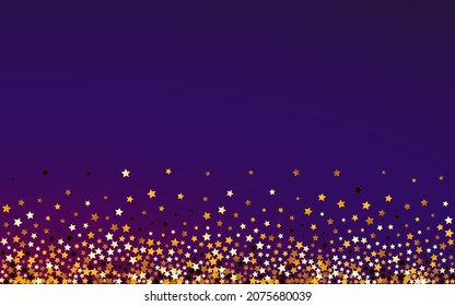 Gilded Starry Vector Purple Background. Shiny Shimmer Star Design. Sky Falling Banner.  Golden Festive Rain Pattern.