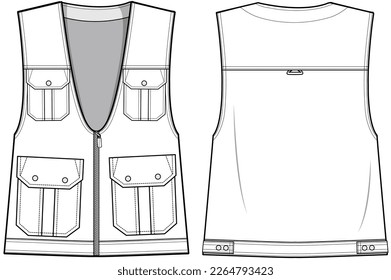 Gilet with Pockets, Utility Vest  Front and Back View. Men's, women, Unisex Fashion Illustration, Vector, CAD, Technical Drawing, Flat Drawing, Template, Mockup.	